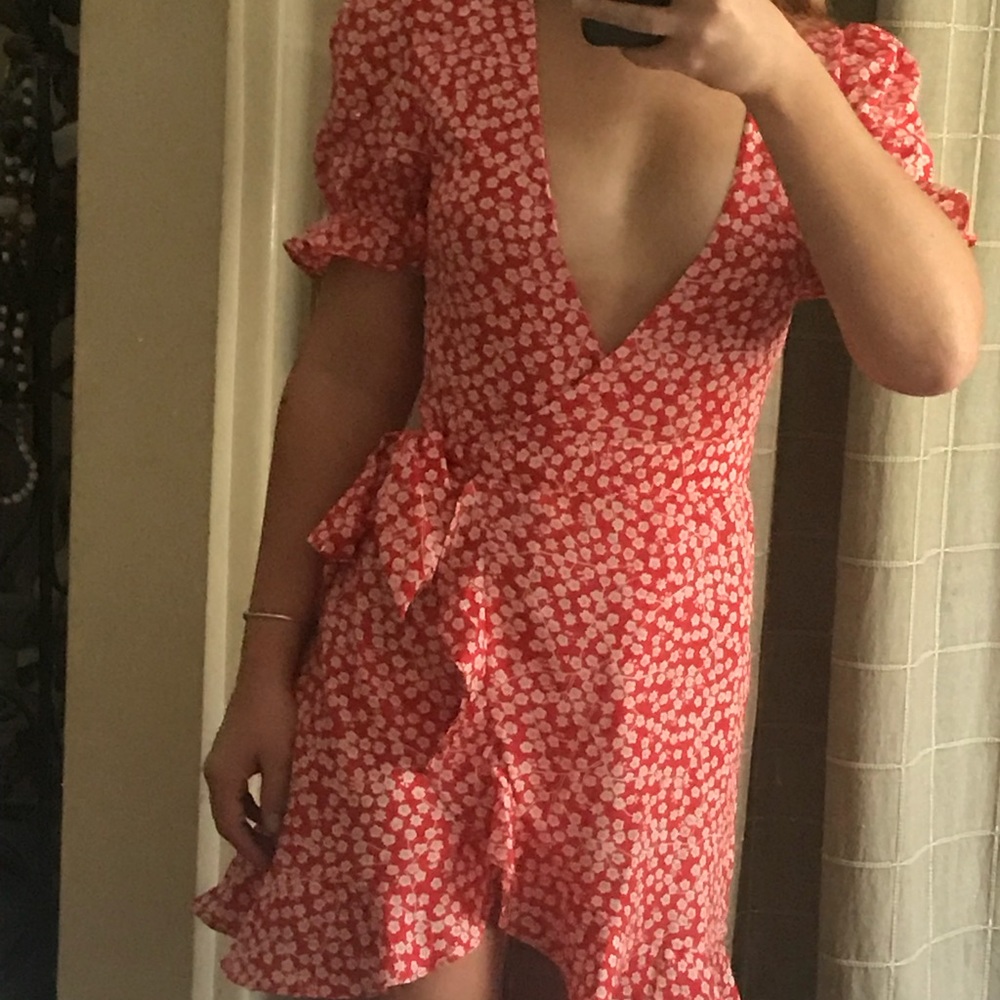 Red floral wrap dress